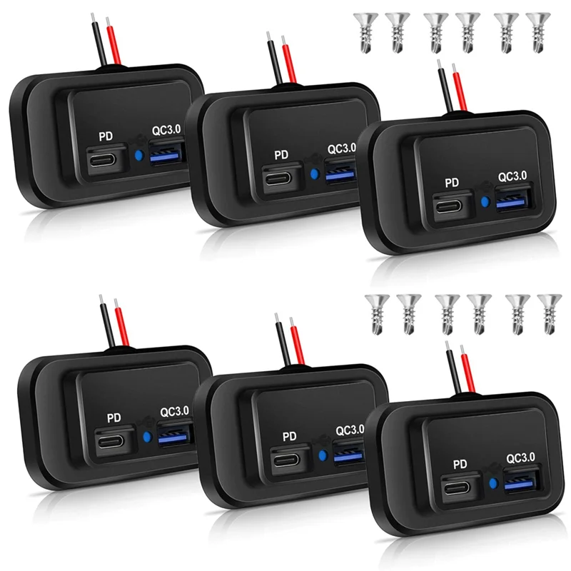 BAAY 6PCS 12V/24V RV USB Outlet, Dual PD3.0 Type-C (USB C) & Quick Charge QC3.0 USB-A Port Panel Mount Car USB Socket Charger Du