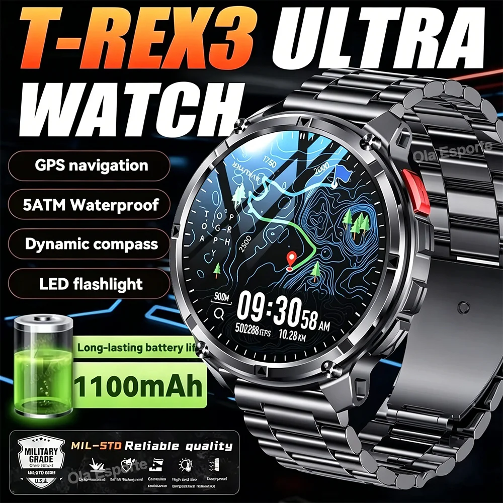 

2026 T-Rex3 Ultra Military GPS Smart Watch 1.7" AMOLED 1100mAh GPS Path 5ATM Waterproof Compass Smartwatch LED Flashlight HW12