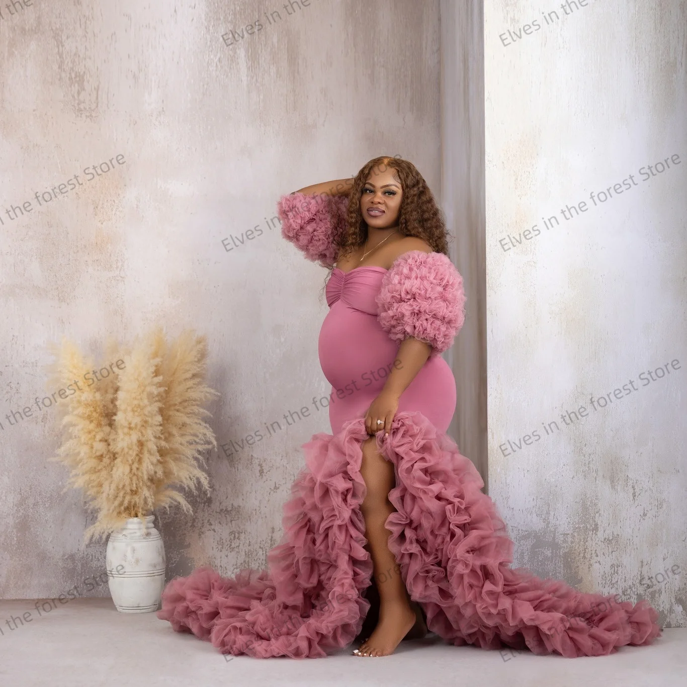 Pink Mermaid Maternity Robes for Photoshoot Sweetheart Ruffled Slit Pregnant Women Dresses Sexy Customized Baby Shower Gowns