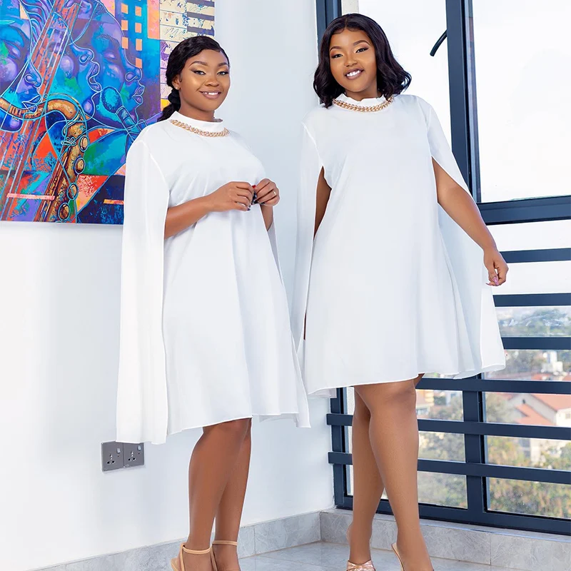 

Summer Fashion Women Shawl Sleeve Elegant Mini Party Club Dress Casual High Street Solid Color Round Neck Loose African Clothing