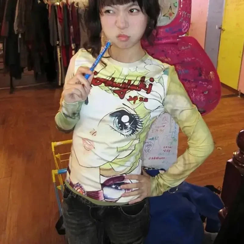 Deeptown Japanese Style Anime Print T-shirt Y2k Harajuku 2000s Long Sleeve Tees Vintage Kawaii Cartoon Slim T Shirt Aesthetic