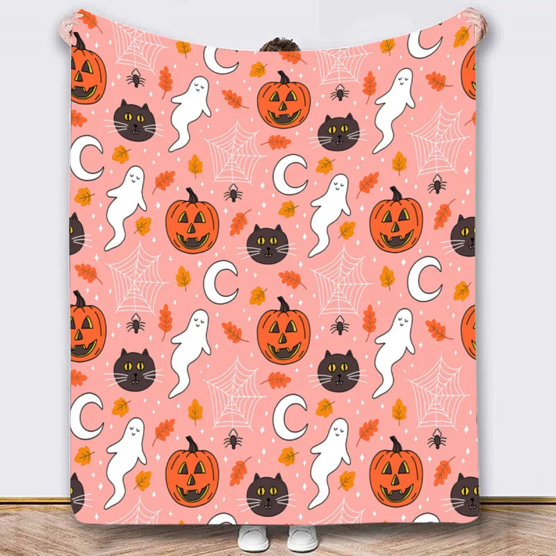 Halloween Throw Blanket Spooky Pumpkin Ghost Spider Web Witch Castle Print Flannel Blanket Soft Warm Sofa Bed Home Decor Holiday