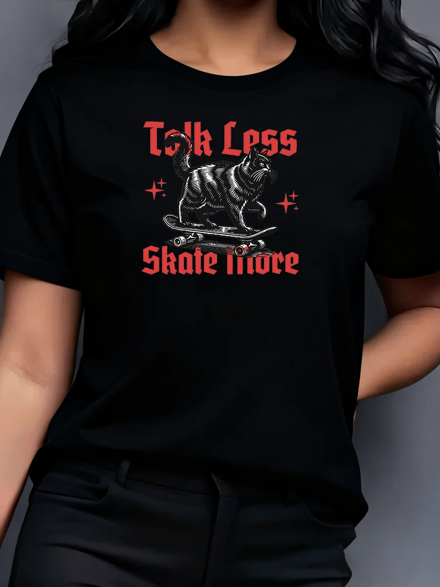 

Skateboard cat with letter print pattern Women's 100%Cotton T-Shirts Casual Soft Short Sleeve Tops Loose Comfortable Clothes