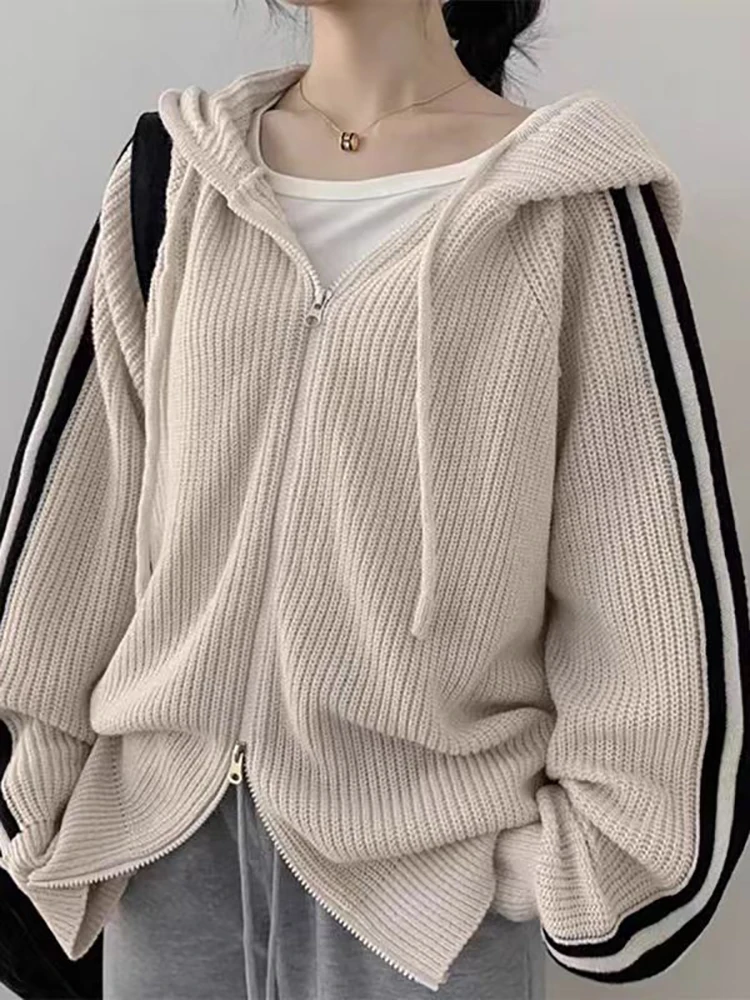 

ITOOLIN New Lazy Wind Lapel Hooded Sweater Coats Zipper Stripe Knitted Cardigan Women's Autumn Winter Oversized Y2k Outer Wear