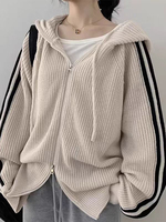 ITOOLIN New Lazy Wind Lapel Hooded Sweater Coats Zipper Stripe Knitted Cardigan Women's Autumn Winter Oversized Y2k Outer Wear
