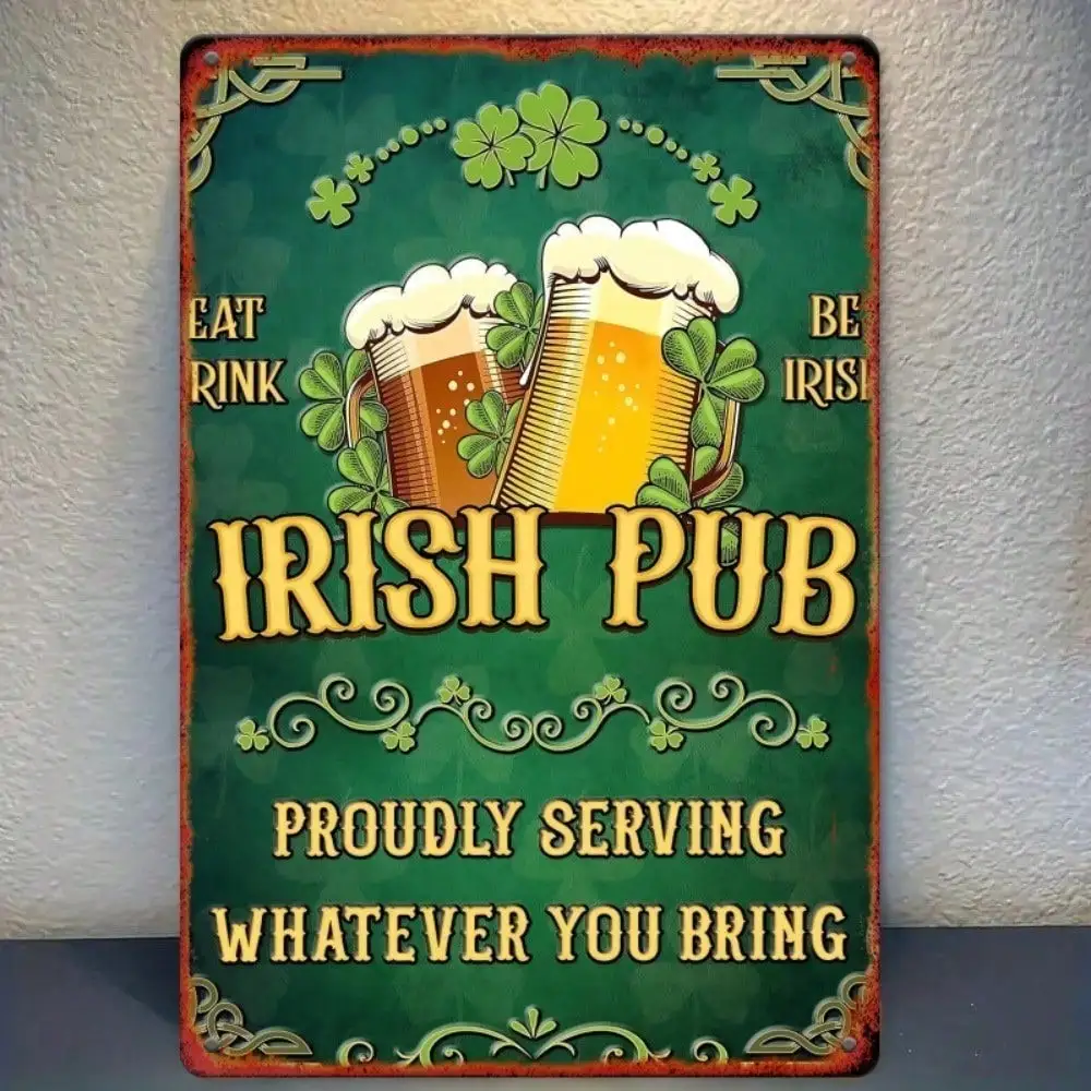 Decoración de Pared Metálica Estilo Pub Irlandés Vintage, Letrero Retro para Bar, Día de San Patricio, Placa sin Marco de 8x12 Pulgadas, con Diseño de Jarras de Cerveza y Tréboles