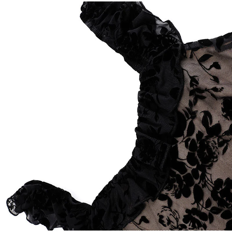 Damen Schwarzes Blumen-Spitzen-Maxikleid Schulterfreies Rüschen-Trägerkleid Transparentes Mesh-Bodycon-Kleid 2026 Elegantes Abend-Party-Cocktailkleid – Detail 1