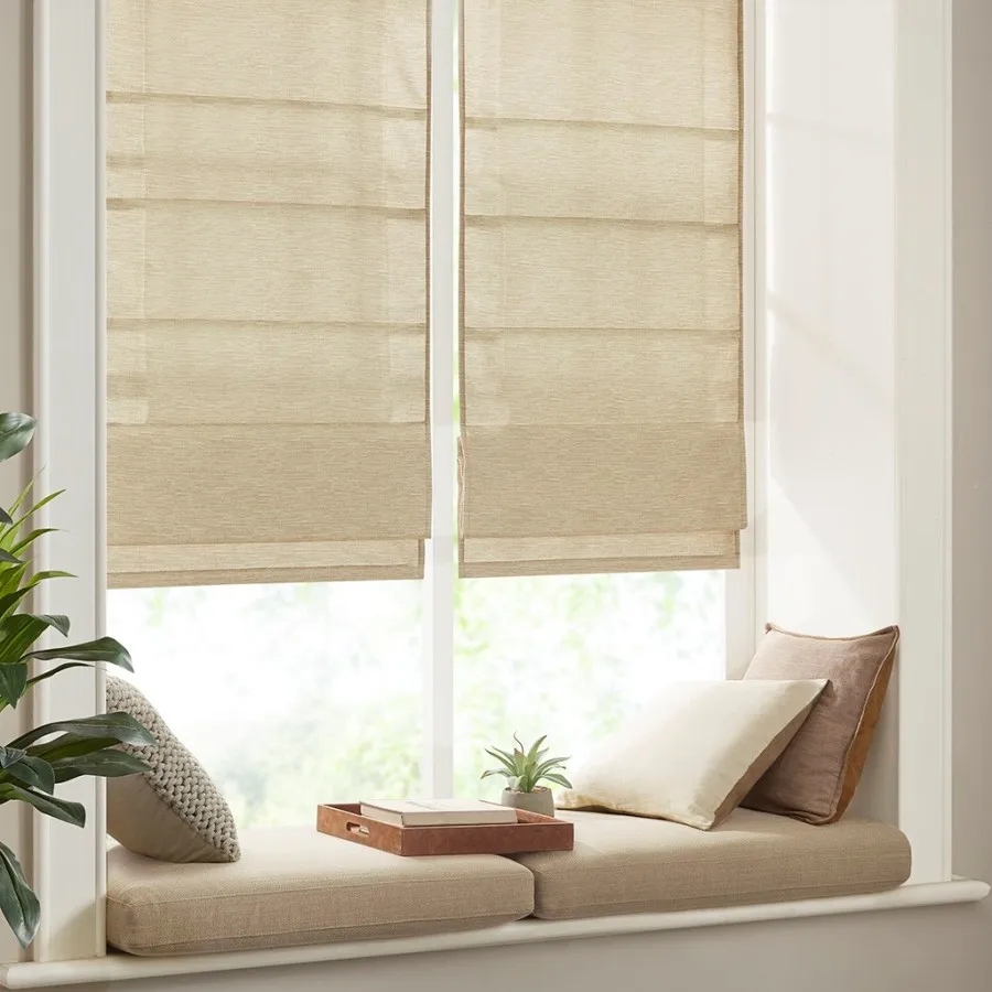 

Room darkening cordless Roman shade for living room, faux silk material, beige color, wrinkle-resistant and light-blocking