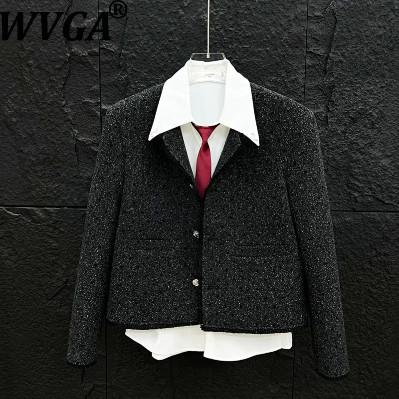 

WVGA Autumn Winter New Man Tide Polka Dot Frayed Edge Trendy O-Neck Short Jackets Niche Chic Casual Padded Shoulder Coats W14803