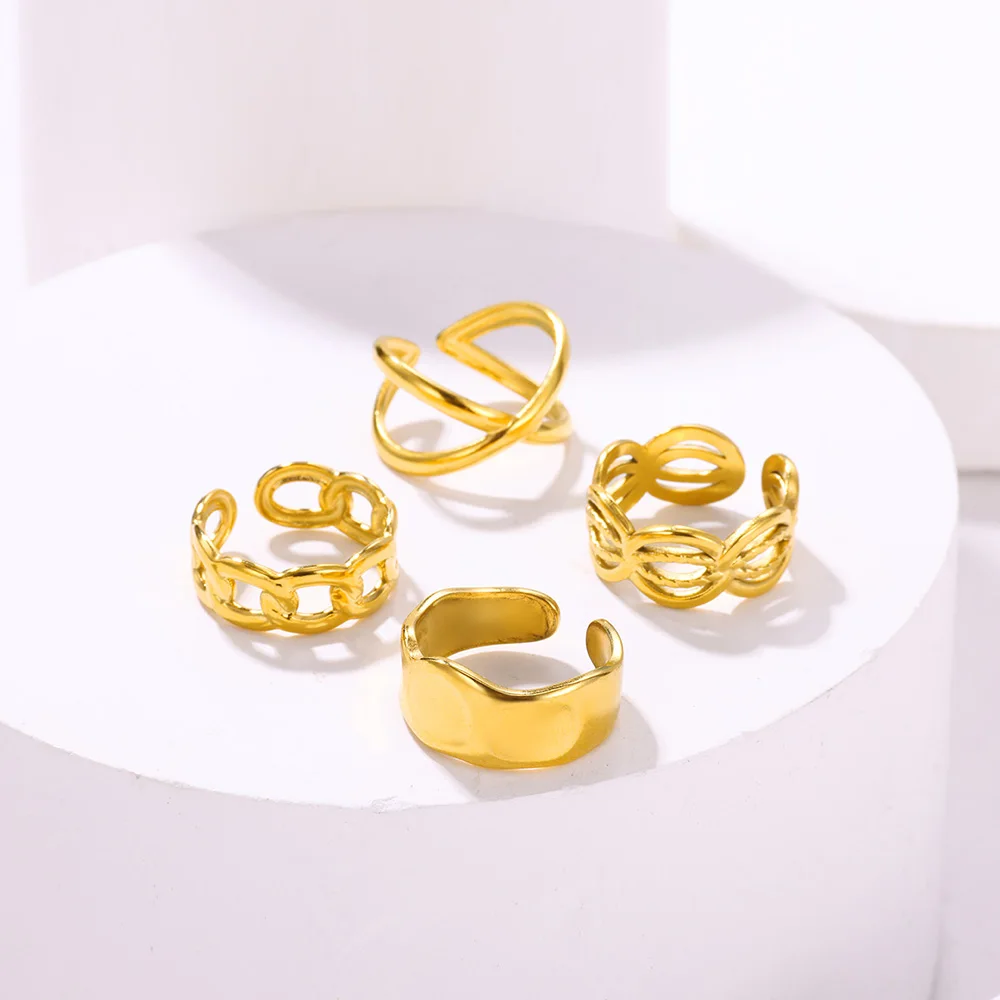 

Stainless Steel Link Chain Rings For Women Men Opening Vintage Gold Color Cross Geometric Ring Wedding Couple Jewelry Gift