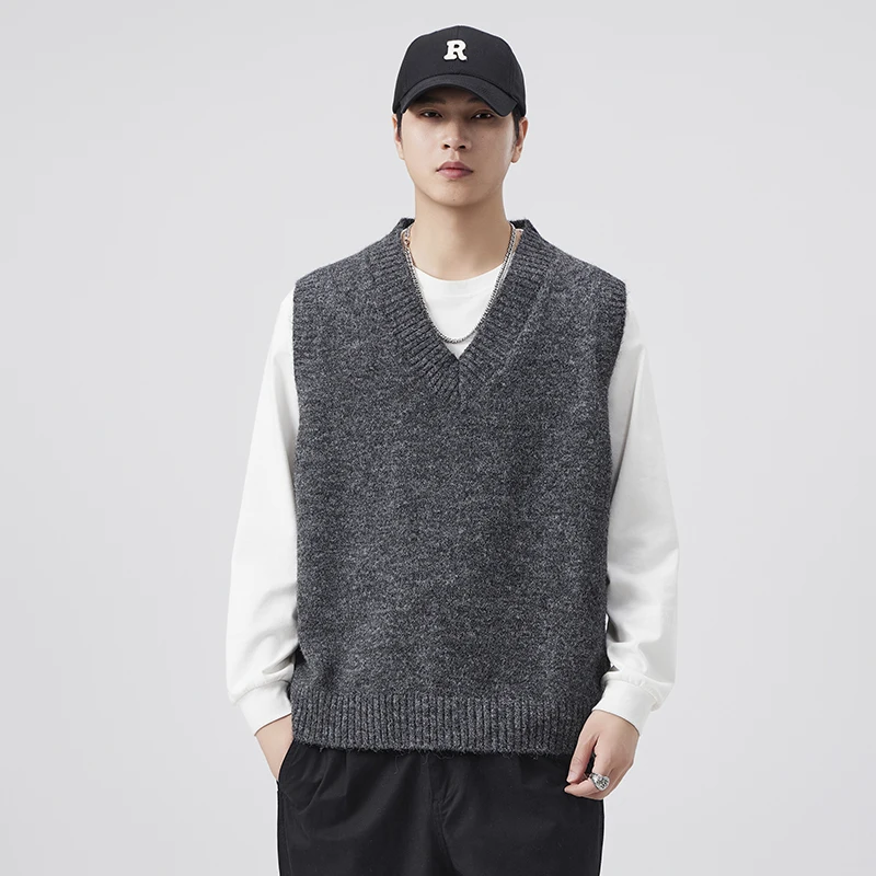 

Осень-зима вязаный свитер без рукавов, жилет для мужчин, свободный повседневный винтажный пуловер с v-образным вырезом, свитер, жилет, джемпер, трикотаж, топы