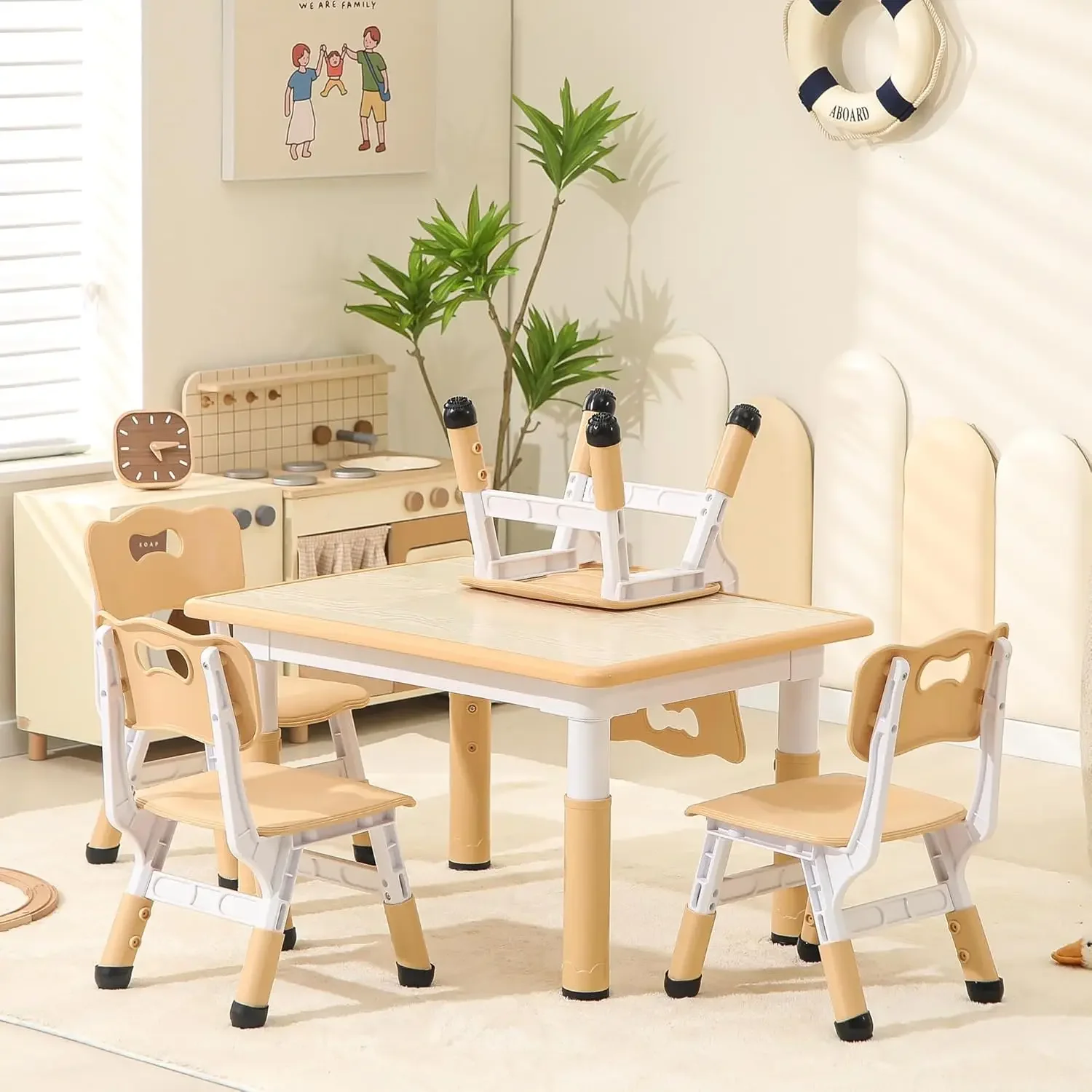 Table and Chairs, 31.5''L x 23.6''W Toddler Table and 4 Chairs Set with Anti-Slip Foot Covers, Children Activity Table for Ages