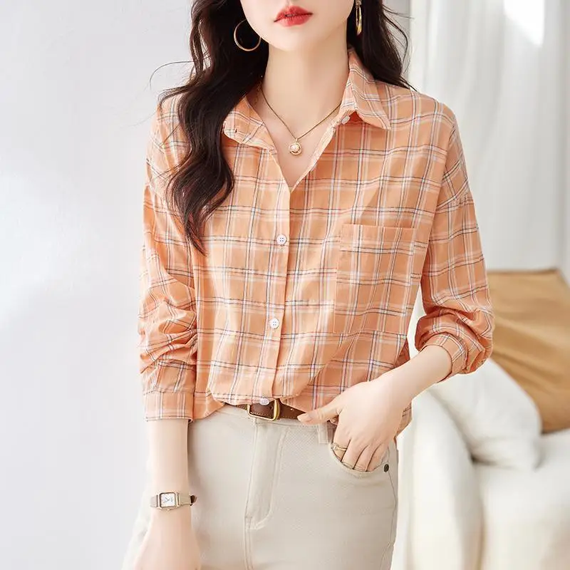 Cotton Thin Plaid Long-sleeved Button Shirt Women Summer Loose Design Niche Top Sun Protection Clothing Retro Blouses Shirt