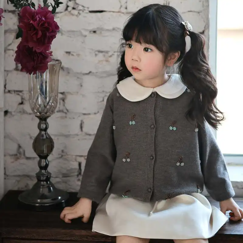 BP 2026 Spring New Beading Cardigan Cotton Thin Cardigan For Kids Grey Sweater Cherry Knitted Shirt Baby Air Conditioning Shirt