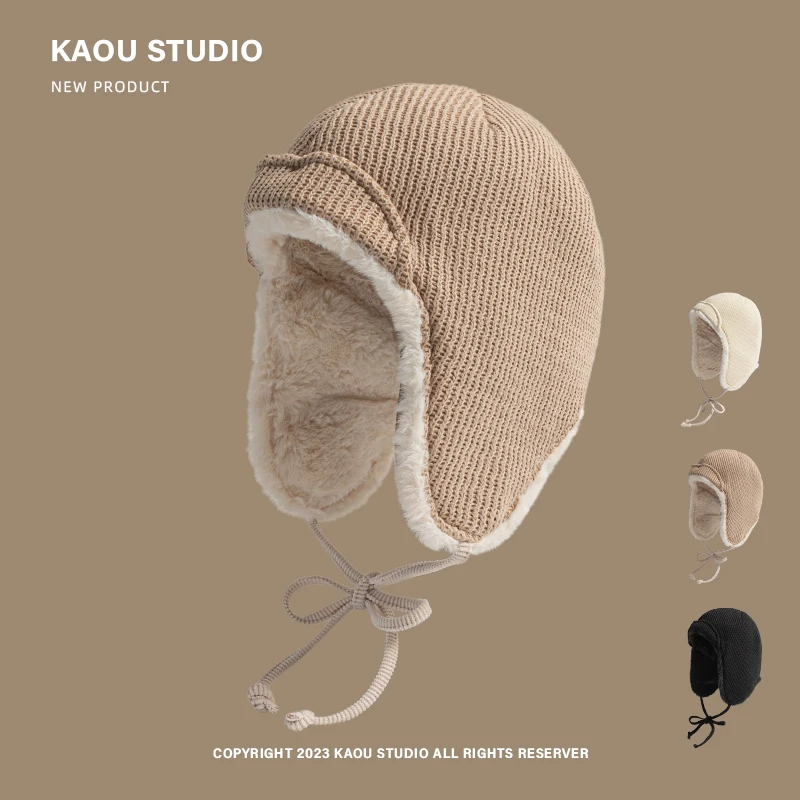 

Winter Solid Color Knitted Lei Feng Hat Men's and Women's Velvet Ski Ear Protectors Cycling Bomber Hats for Russian Hats Gorras