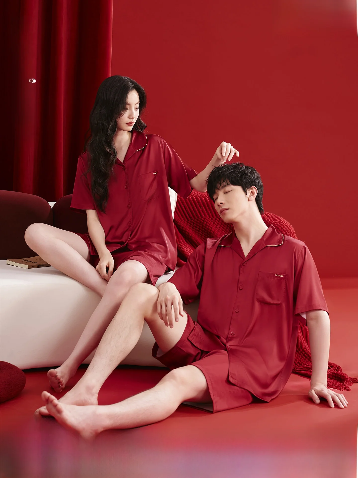 ley-couple's-ort-sve-spwear-ice-silk-thin-cardigan-home-clothes-set-summer-red-luy-year-casual-loose-fit