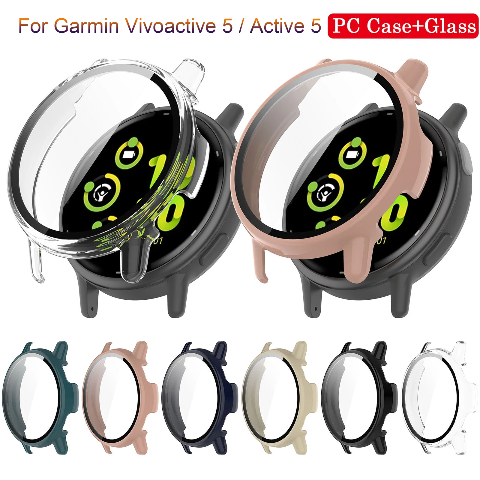 Glass+Case For Garmin Vivoactive 5 SmartWatch All-Around Screen Protector PC Bumper Tempered Glass For Garmin Vivo Active 5 New