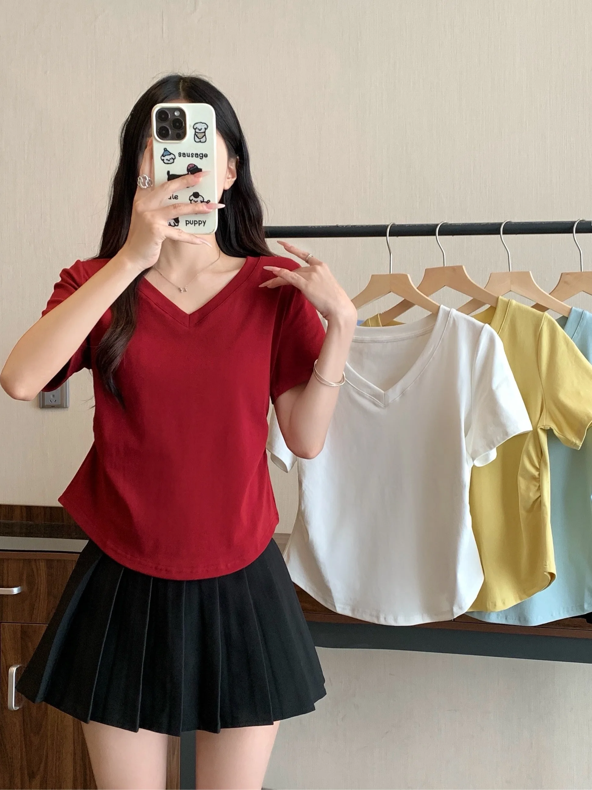 

plus Size Women's Korean Style V-Neck Short Sleeve T-Shirt Loose Fit Summer Slimming Versatile Fashionable Shoulder-Length Top