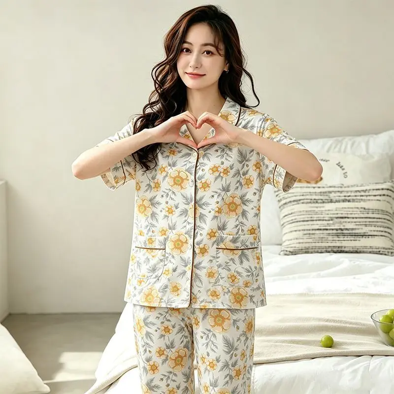 Women's Pajamas Set 2 Piece Floral Print Short Sleeve Capri Pants Sleepwear Pyjamas Nightwear Loungewear Homewear Comfy Pijama