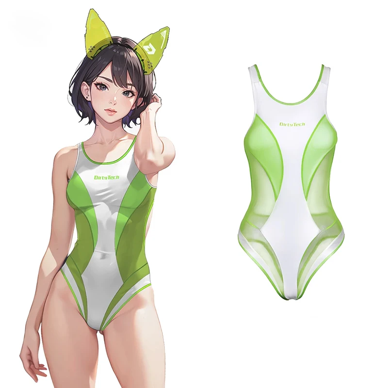 Sport Swimsuit One Piece Mesh Transparent Splicing High Split Racing Swim Anime Cos Sexy Cute Hot Spring for Women view 3