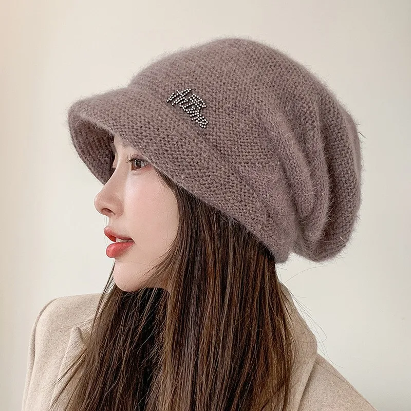 Bunny Fur Knitted Hat Fashion Women Outdoor Wide Brim Beanie Autumn Winter Thicken Warm Ear Protection Cap Korean All-Match Caps