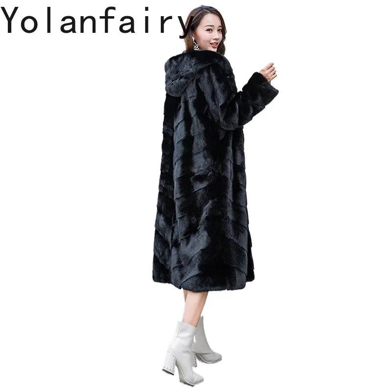 YOLANFAIRY جودة عالية الربط قطع معطف فرو المنك مع غطاء محرك السيارة ملابس نسائية شتاء طويل فرو منك معاطف الفرو الأسود 2025