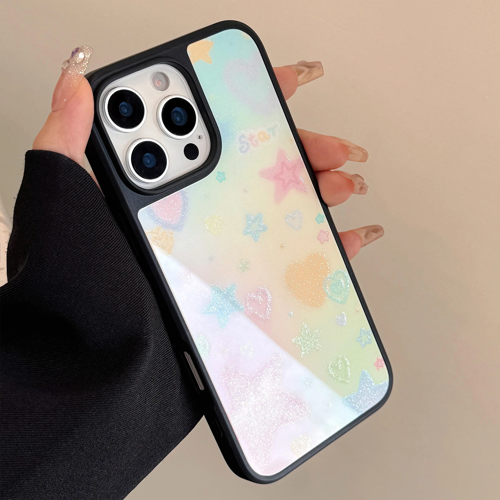 الكورية إطار أسود بريق التدرج الحب القلب نجوم جراب هاتف آيفون 16 15 14 12 13 برو ماكس للصدمات الغطاء الواقي