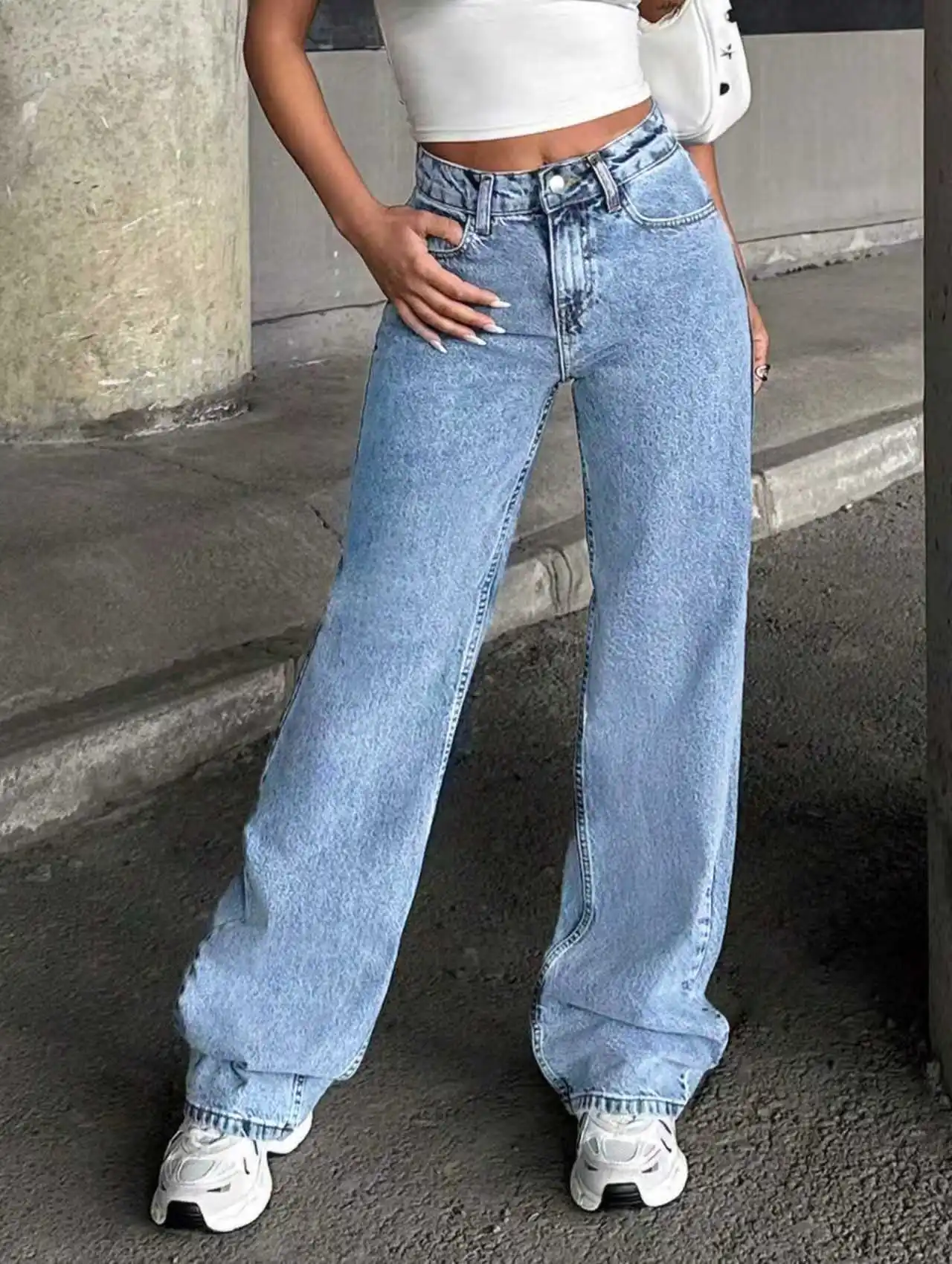 

Y2k Jeans For Woman Low Waist Stretch Blue Snowflake Wide Leg Long Hem Distressed Denim Trousers Fashion and casual