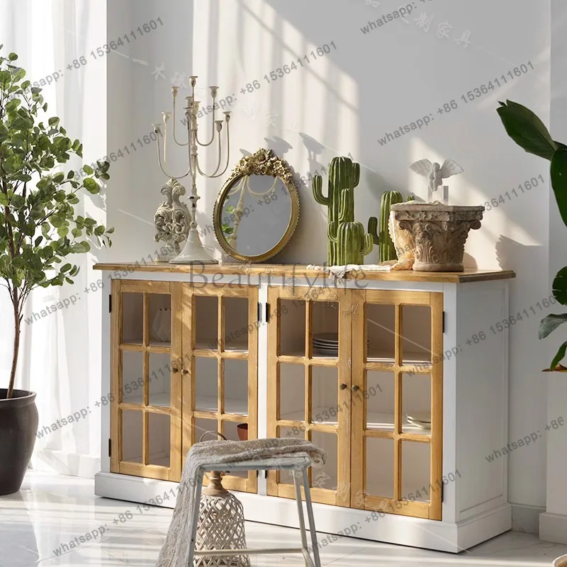 light luxury solid wood dining side cabinet, simple medium and ancient style four-door storage decorative cabinet
