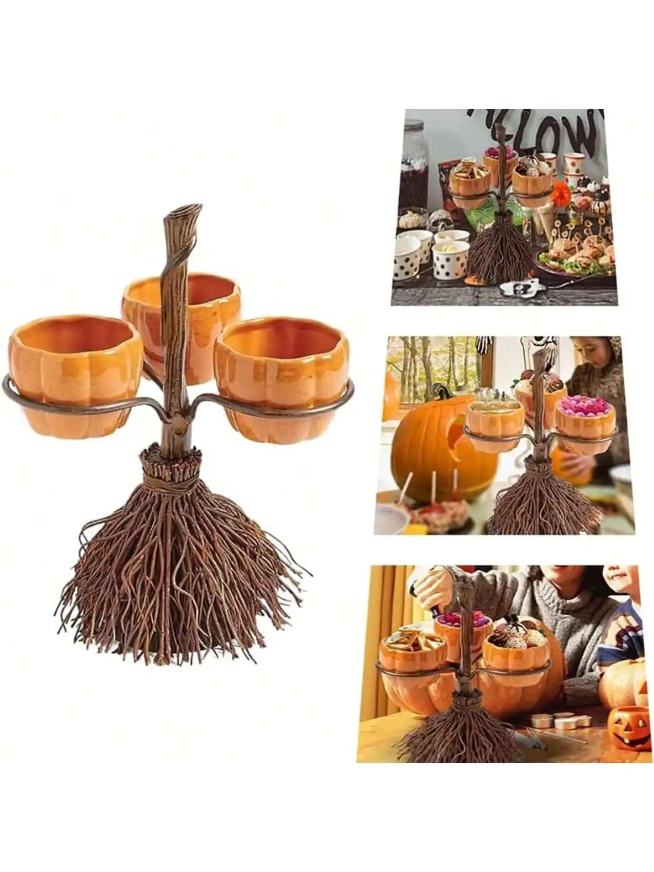 Halloween Pumpkin Snack Bowl Rack, Pumpkin Bowl Party Tray on Broom, Candy Bowl Halloween Party Supplies