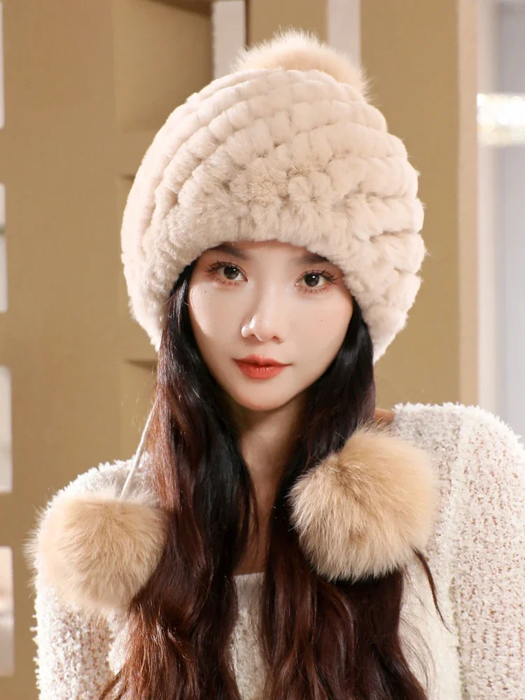 Genuine Rex Rabbit Fur Hat for Women Fall Russian ushanka Stripe