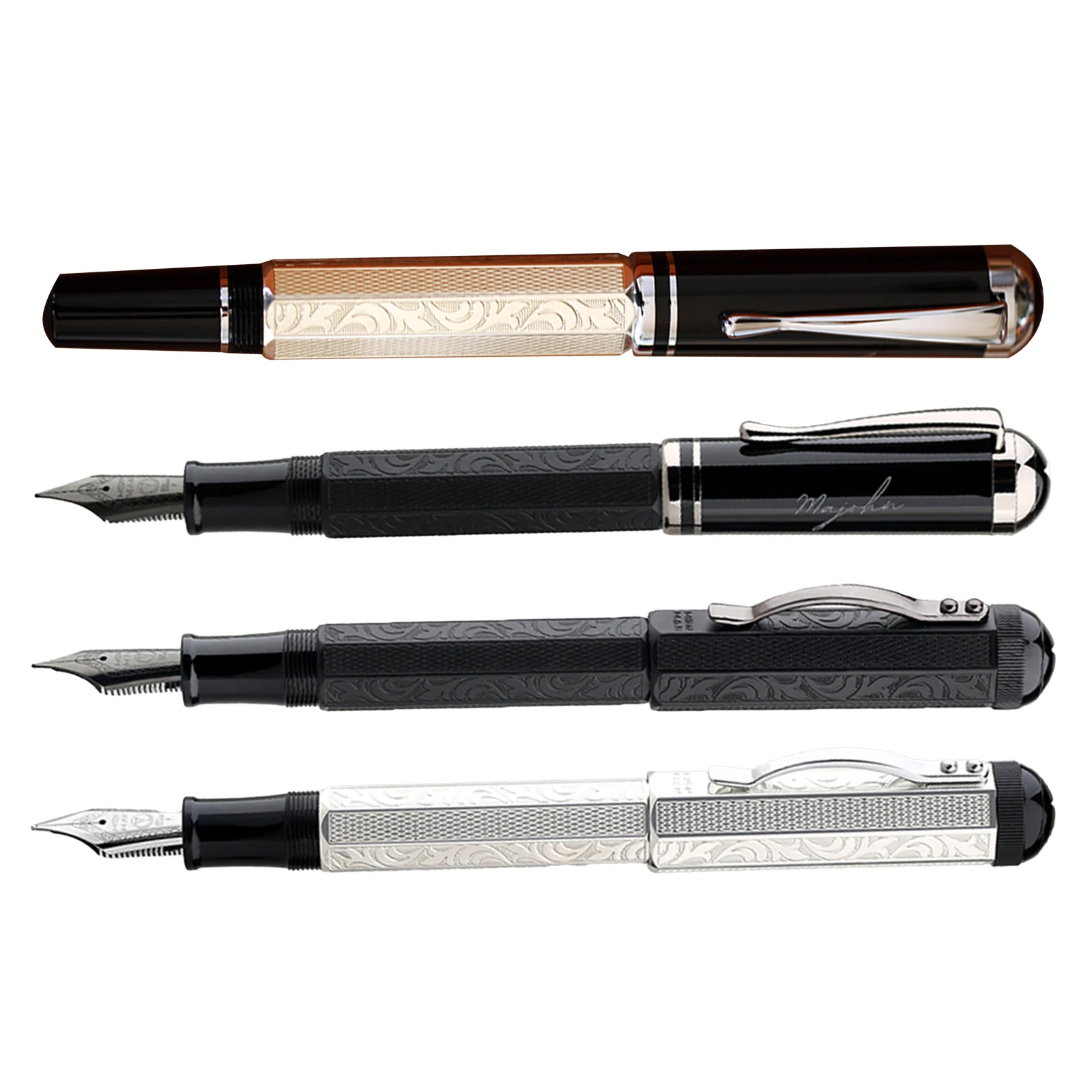 MAJOHN P138 Classical Plated Fountain Pen Piston inking Octahedral Etching Pattern EF/F/M/Flat No.6 Nib school office supplies