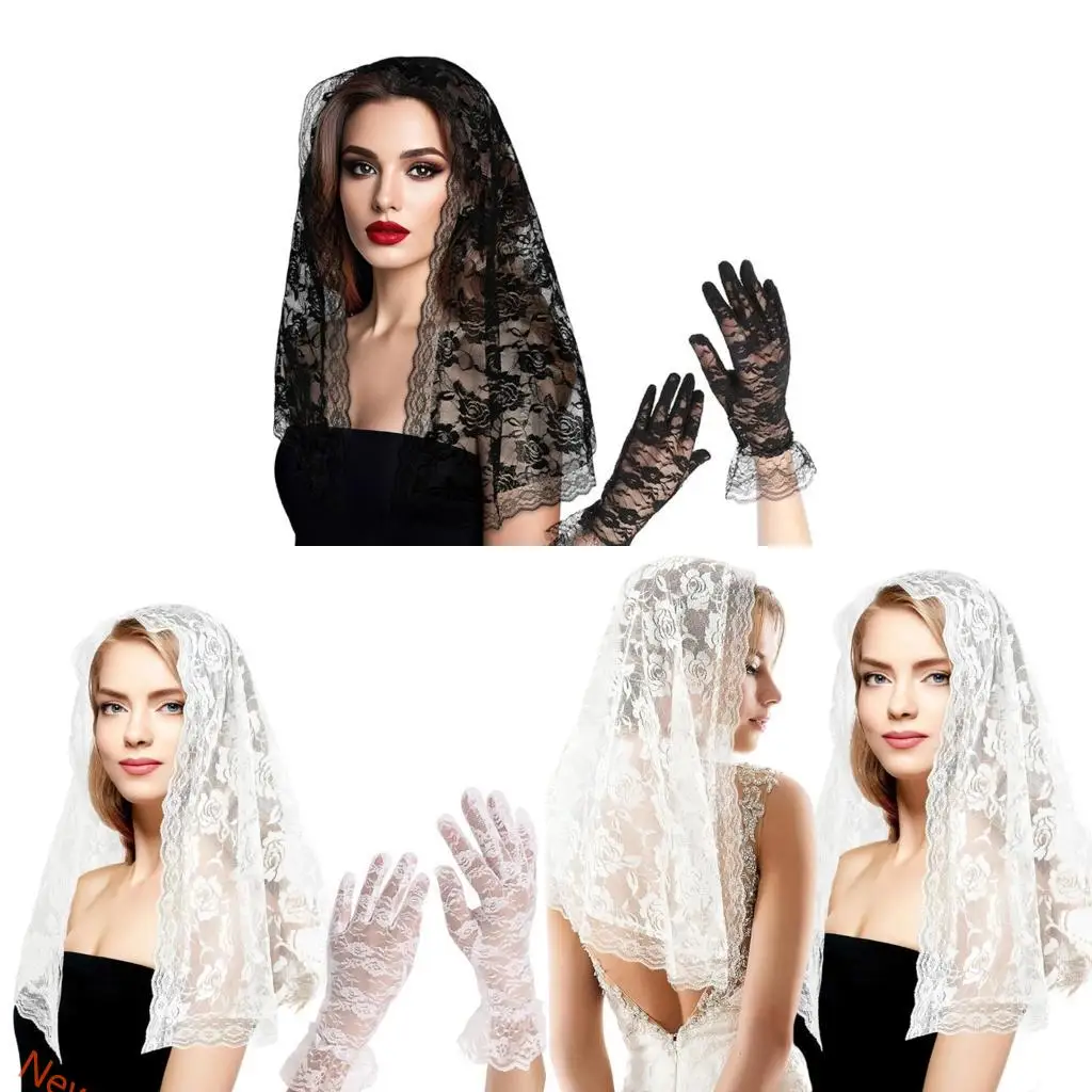 

Традиционная мантилья, стильный комплект головных уборов, кружевные перчатки для религиозных церемоний LXAD