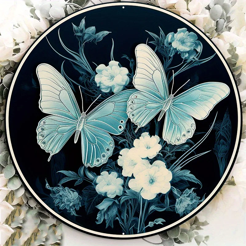 Round Aluminum Metal Sign, Creative Butterfly Pattern, Wall Art, Home Decor, Garden Decoration, 8x8 Inch, 20x20 cm, 1Pc