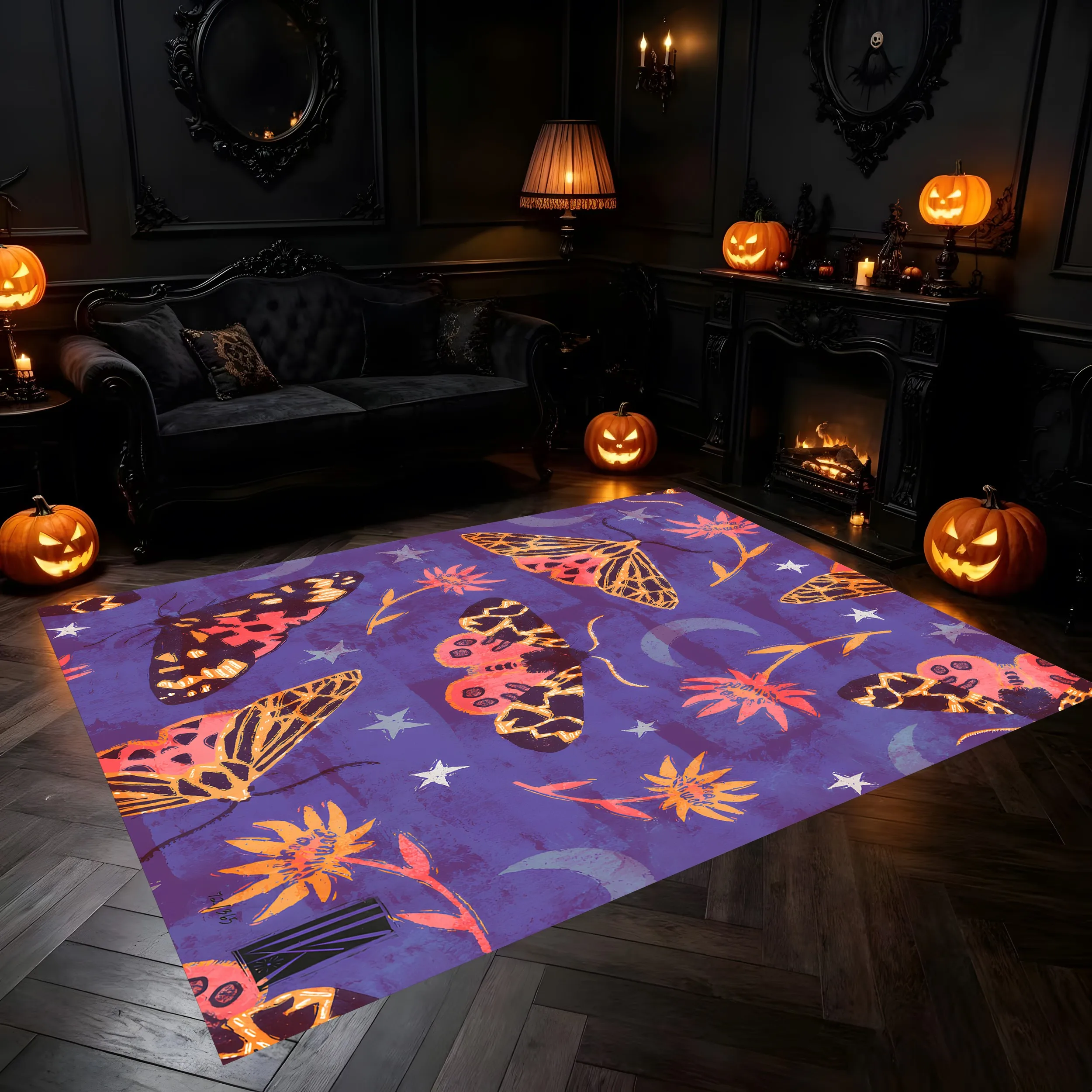 2D Large Carpet Retro Butterfly Moth Star Moon Floral Dreamy Style for Living Room Bedroom