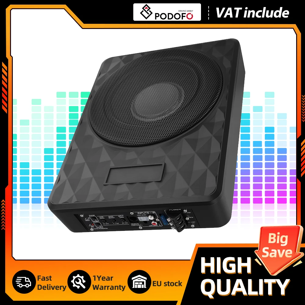 Podofo 10 Zoll Ultra Slim Aktiver Auto-Subwoofer für unter den Sitz, kompakter Auto-Bass-Audio-Stereo-Verstärker-Lautsprecher