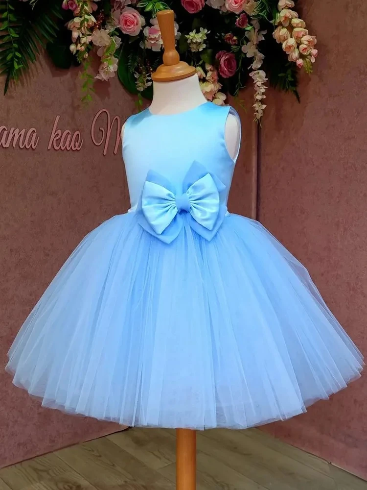 Baby Bow Tulle Baptism Dress for Girls Gown Toddler Kids Wedding Elegant 1st Birthday Party Princess Dress Tutu Evening Dresses