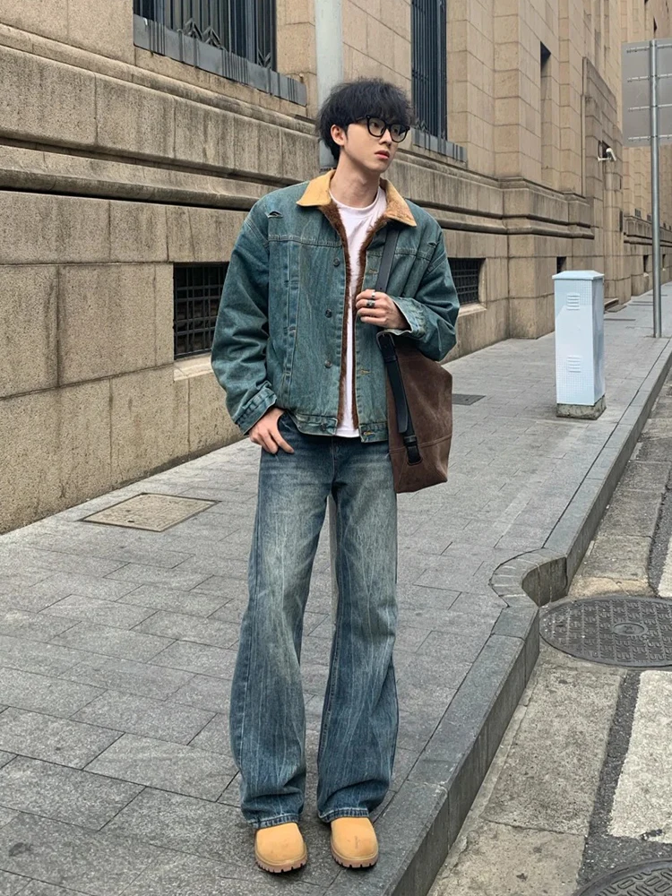 

Retro American Waed Lightning Pattern Fce Lined Men's Jeans High Waist Straight Leg Long Leg Lengthening Winter Trousers