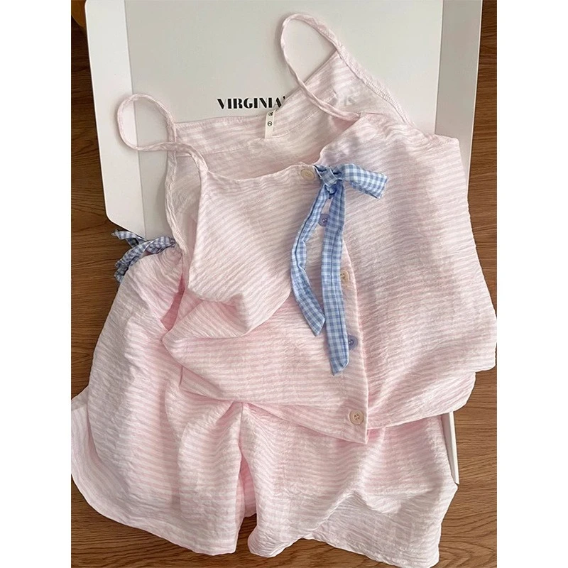 

2025 new girls' casual striped vest, camisole sleepwear, women's summer new home shorts set, worn externally