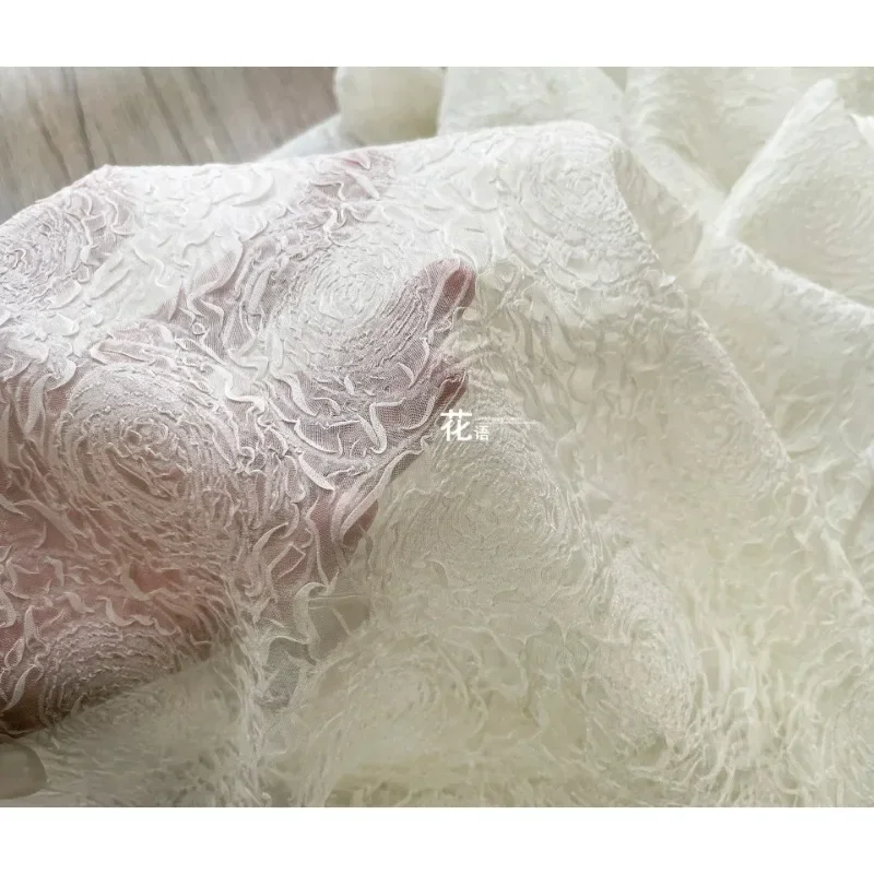 Mesh Fabric Wrinkled Yarn Perspective Lace Indentation Texture Wedding Dress Designer Cloth Apparel Sewing Fabric