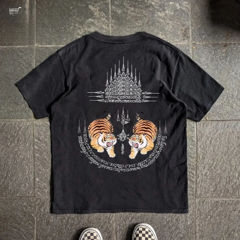 Hand-Drawn Double Tiger Street Style T-Shirt Short Sleeve Vintage Dark Theme Cotton Comfortable Breathable Unisex round Neck