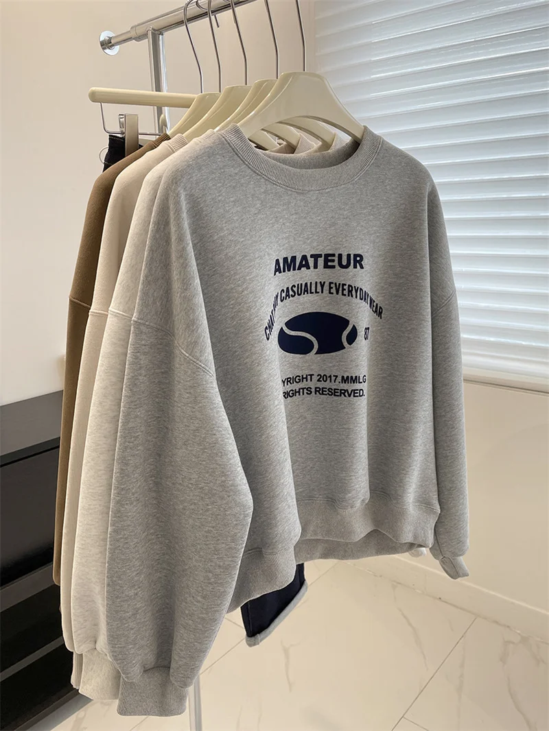 

American Retro Fleece Lined round Neck Sweatshirt Women's Autumn Winter Versatile Slim Short Casual Top Polyester Cotton Blend