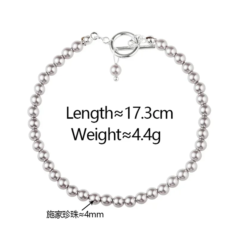 

Real 925 Sterling Silver 4/6/8MM Pearl Round Charm Bracelets for Women Classic Geometric Fine Jewelry Minimalist Accessories