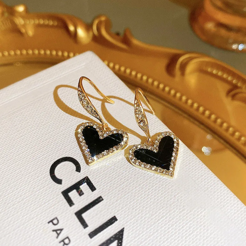 Rhinestone Heart Drop Earrings Black Heart Earrings Simple Korean Fahion 925 silver Needle Luxury Earrings for Women