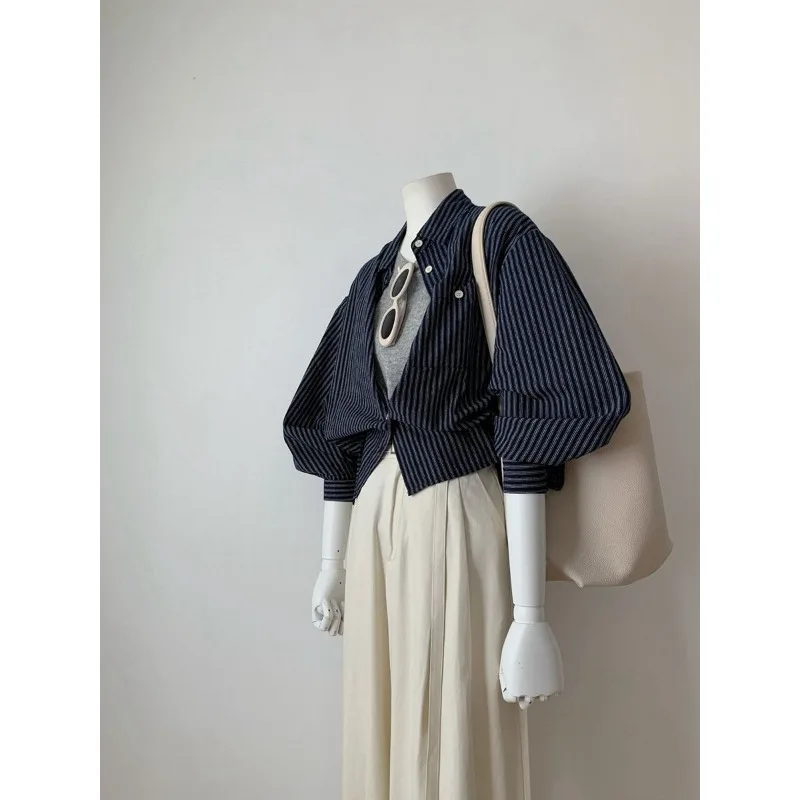 Frans high-end contrasterend verticaal gestreept shirt met lange mouwen voor dames, Koreaanse stijl chic design niche shirt temperament top