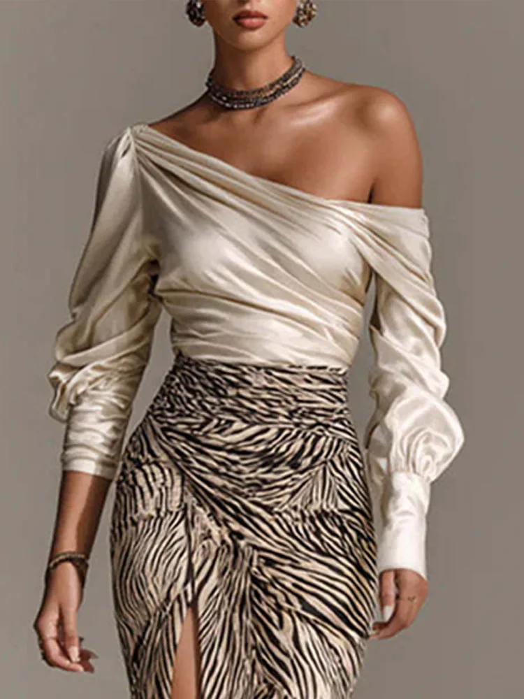 

Элегантный топ с наклонными плечами и юбка с разрезом, женский модный плиссированный комплект с длинными рукавами, тонкий комплект из 2 предметов, сексуальный костюм с длинной юбкой с разрезом и принтом