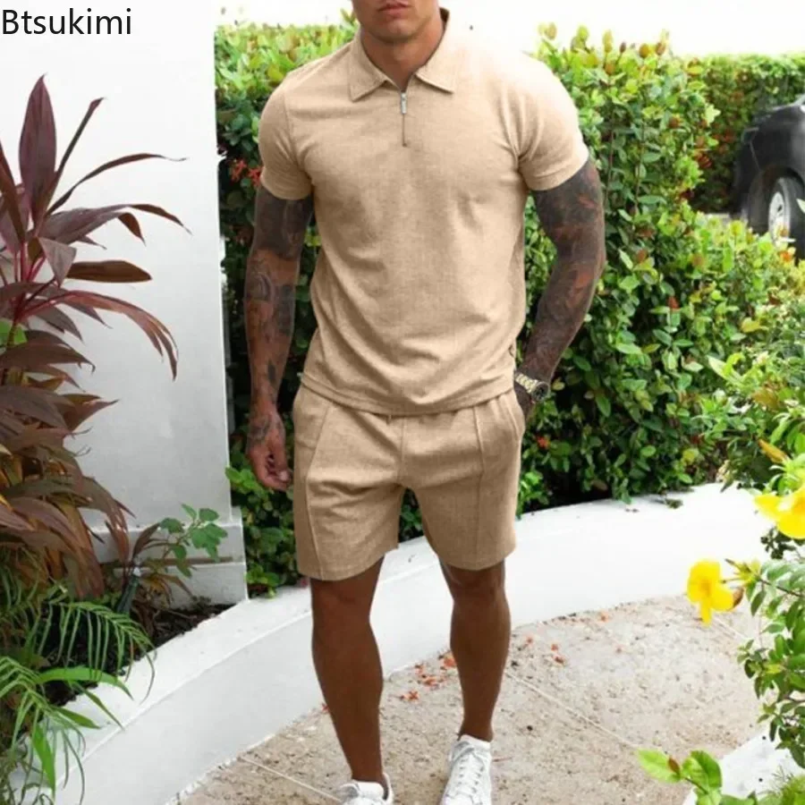 

New Men's Summer Casual Sets Solid Simple 2 Piece Sets Short Sleeve Zip Pullovers+Shorts Sets Fitness Jogger Tracksuit for Men