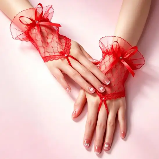 Women Short Lace Mesh Gloves Lolita Bridal Wedding Hand Sleeves With Handmade Ribbon Bow Hook Finger Design