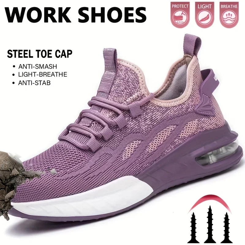Zapatos de seguridad para mujer, botas de seguridad para el trabajo, transpirables, con punta de acero, a prueba de perforaciones, zapatillas deportivas para el trabajo, botas de seguridad para construcción