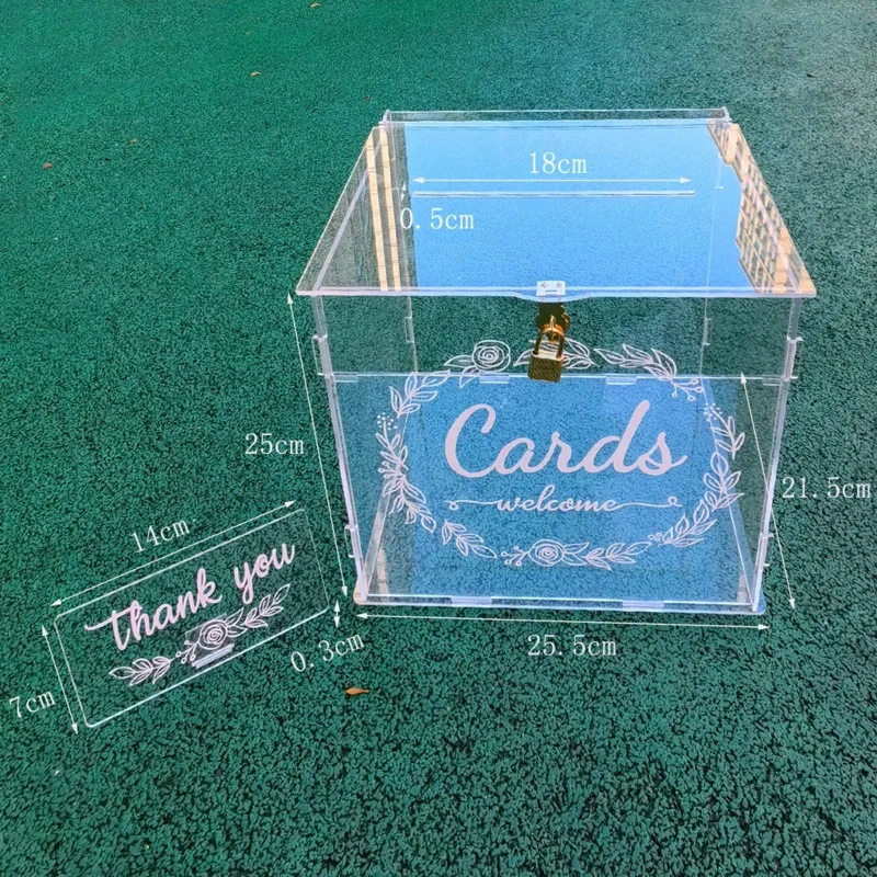 

Acrylic Wedding Card Box With Lock Thank You Patterned Transparent Square Box Envelop Postcard Collection Boxs For Wedding Party